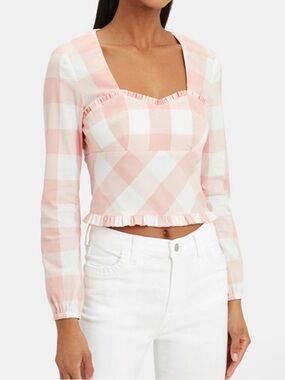 INTERMIX Pink & White Gingham Ruffle Crop Top Size 6 Pastel Check